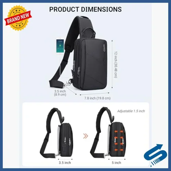 Large Nylon Sling Bag with USB Port Expandable Travel Daypack